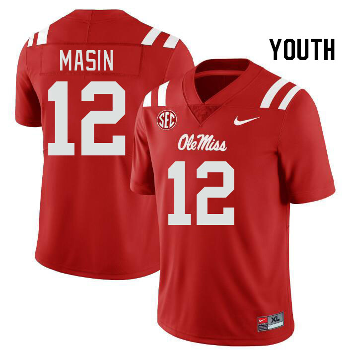 Youth #12 Fraser Masin Ole Miss Rebels College Football Jerseys Stitched Sale-Red